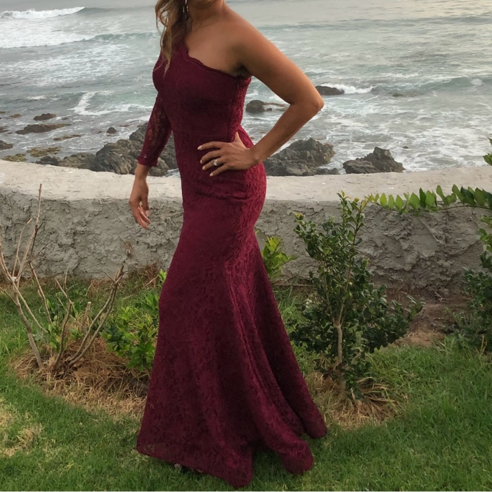 Xscape Red Off the Shoulder Bishop Sleeve Gown
